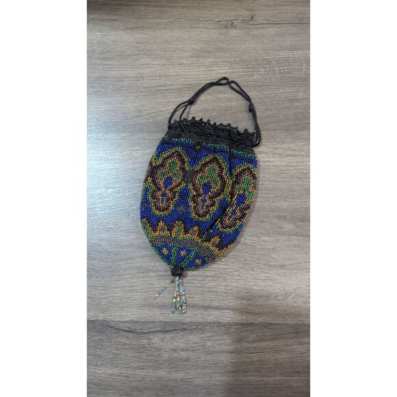 Beaded  Woven Drawstring Pouch Lot 2 Unique Bags Fringed & Patterned Small Vinta - Picture 7 of 10